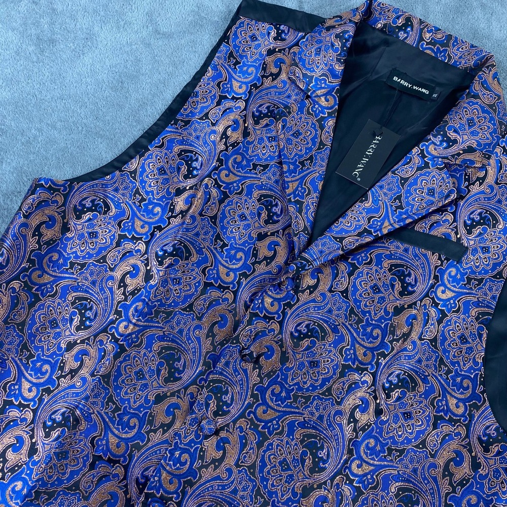 NWT Barry Wang Mens XL Waistcoat Vest‎ Blue Gold Paisley Silk Jacquard V-Neck